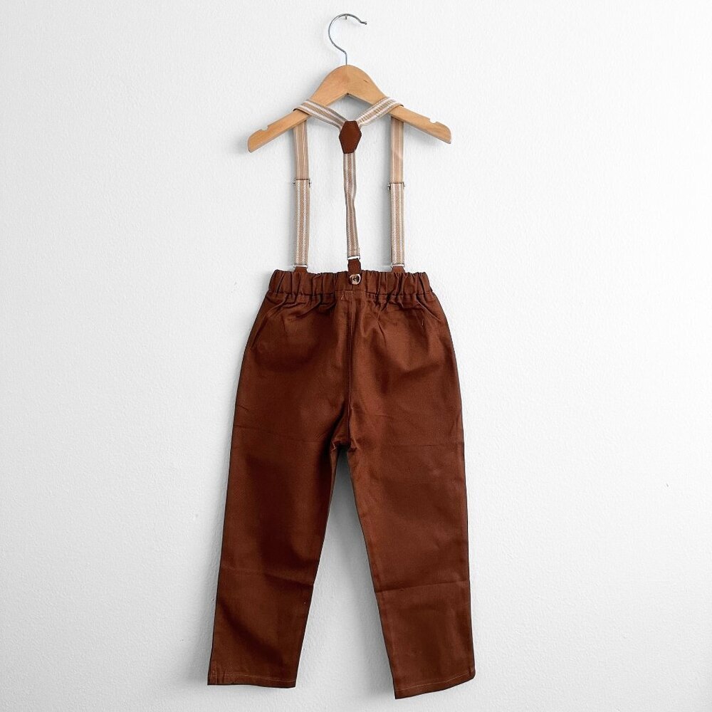 NWT Handsome Boys Dress Shirt, Bow Tie, Pants & Suspenders Set Tan & Brown 6-9M - Picture 5 of 5